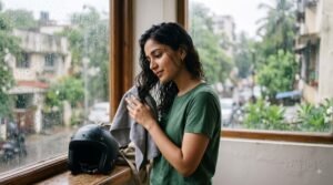 Indian woman gently blotting slightly damp hair beside a rain-speckled window after a monsoon commute