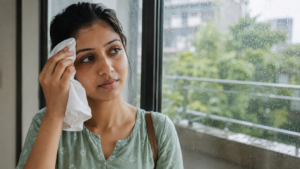 Indian woman gently blotting her hairline beside a rain-speckled window during humid monsoon weather