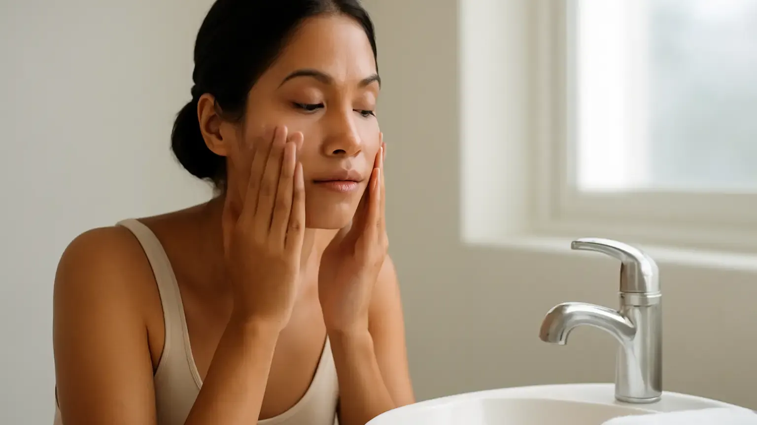 Indian woman gently cleansing her face beside a clean towel and unbranded cleanser
