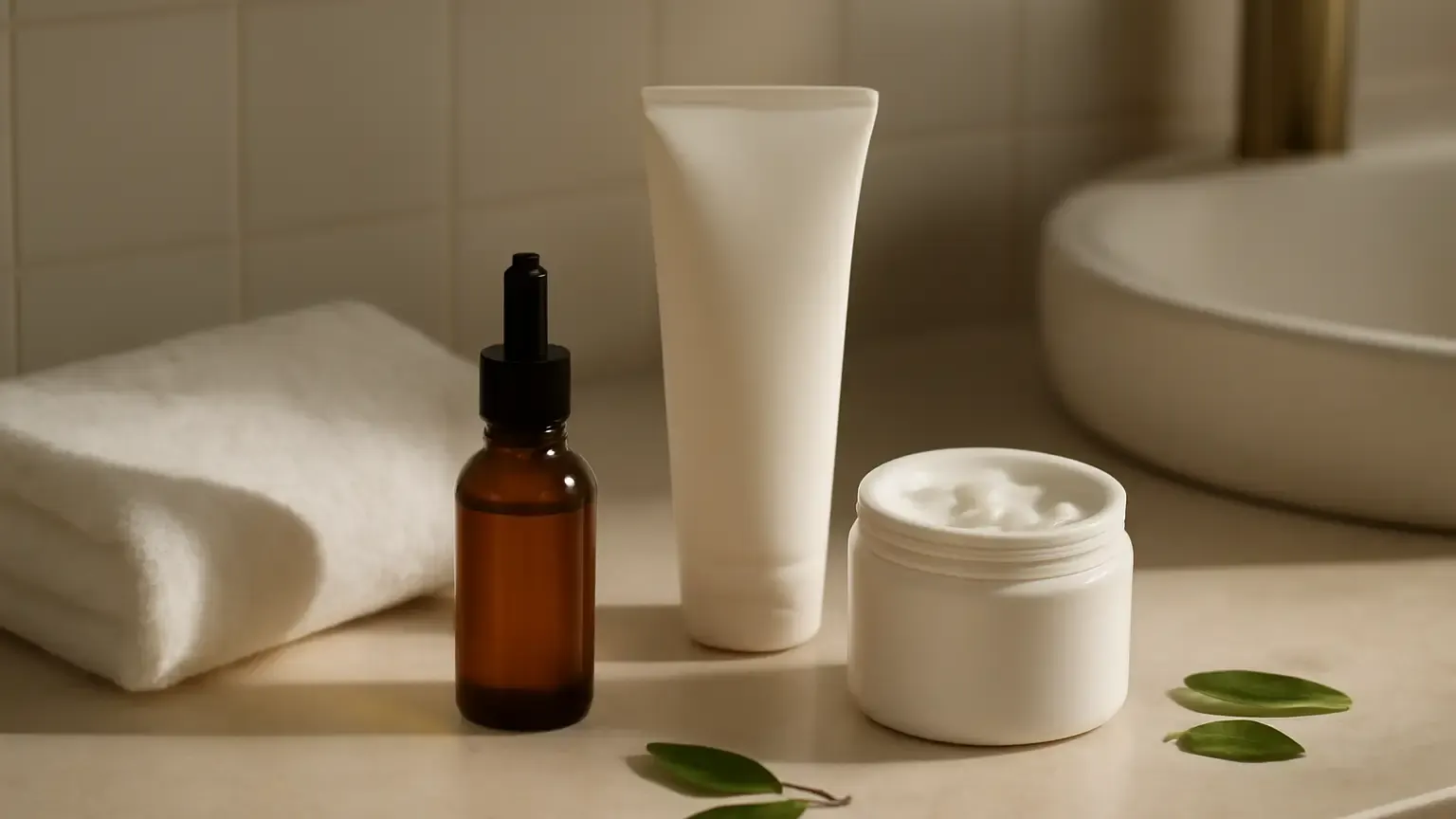 Unbranded gentle skincare products arranged on a bathroom counter for an acne-prone skin routine.