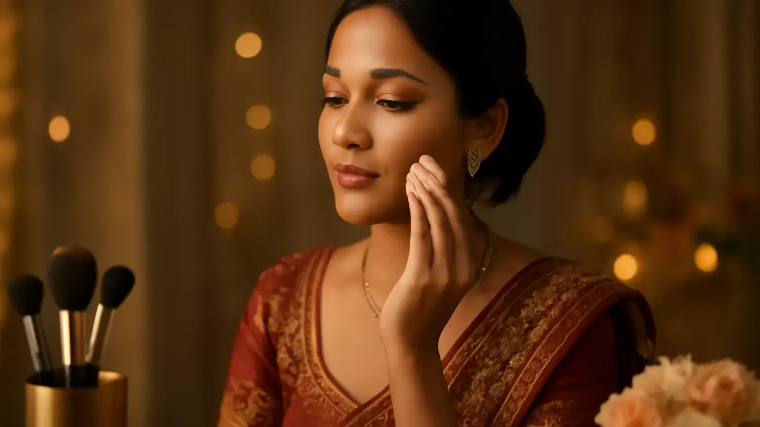 Indian woman applying light festive makeup with a clean sponge at a vanity