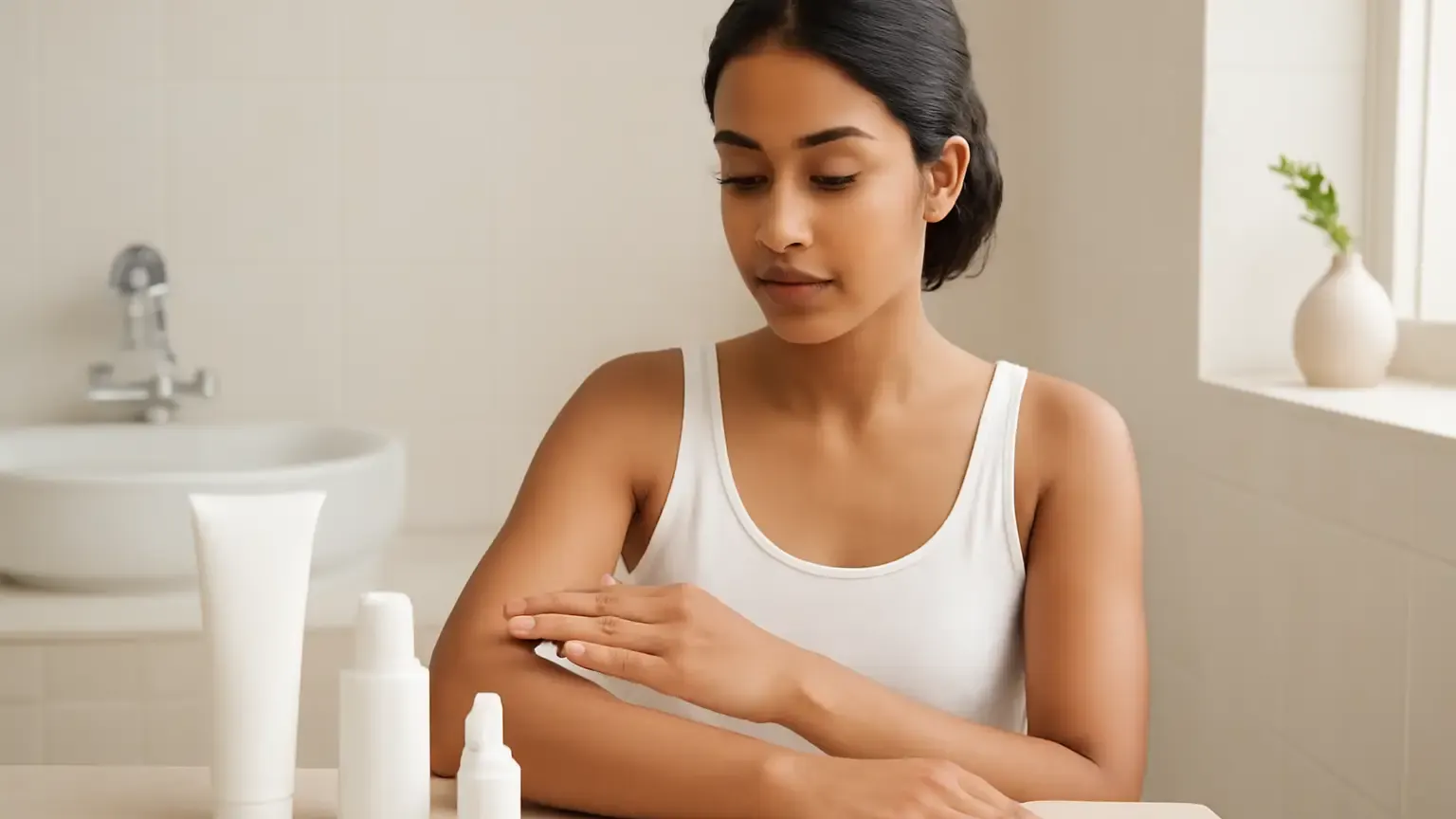 Fragrance-free skincare products and an ingredient list beside a patch-test swatch