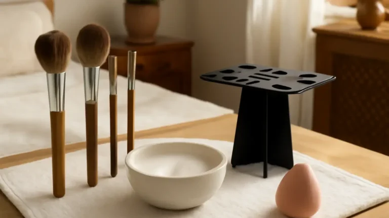 Clean makeup brushes drying beside a cleanser and reusable sponge on a tidy vanity