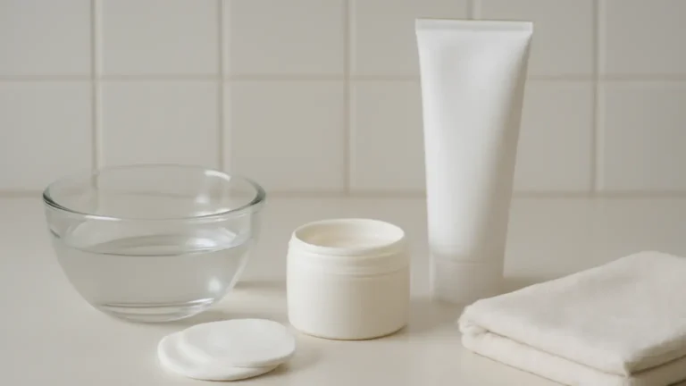 Gentle makeup removal setup with cotton pads, cleansing balm, cleanser and a clean cloth