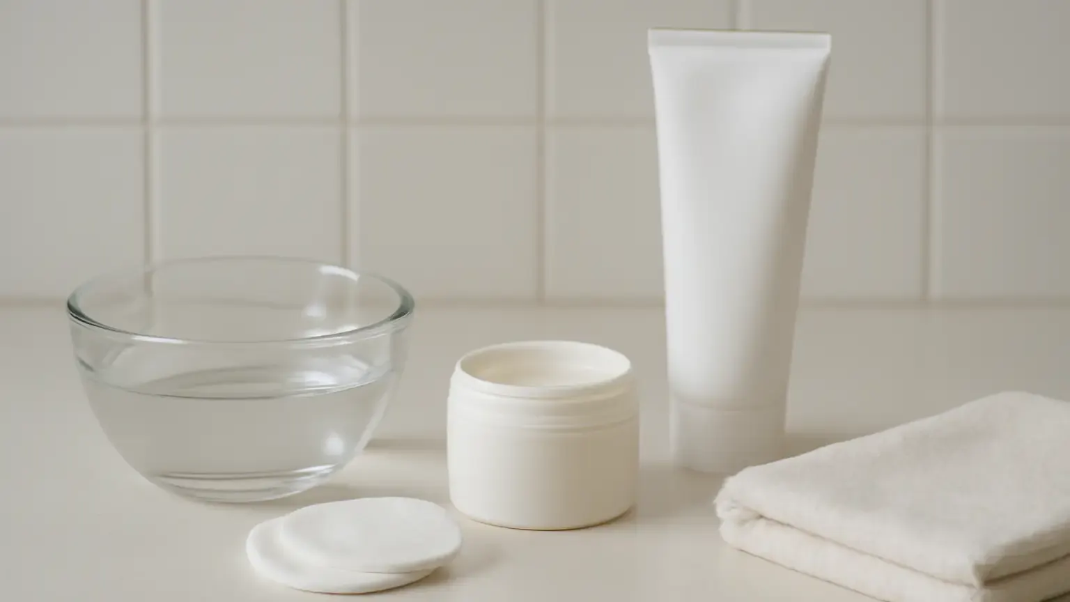Gentle makeup removal setup with cotton pads, cleansing balm, cleanser and a clean cloth