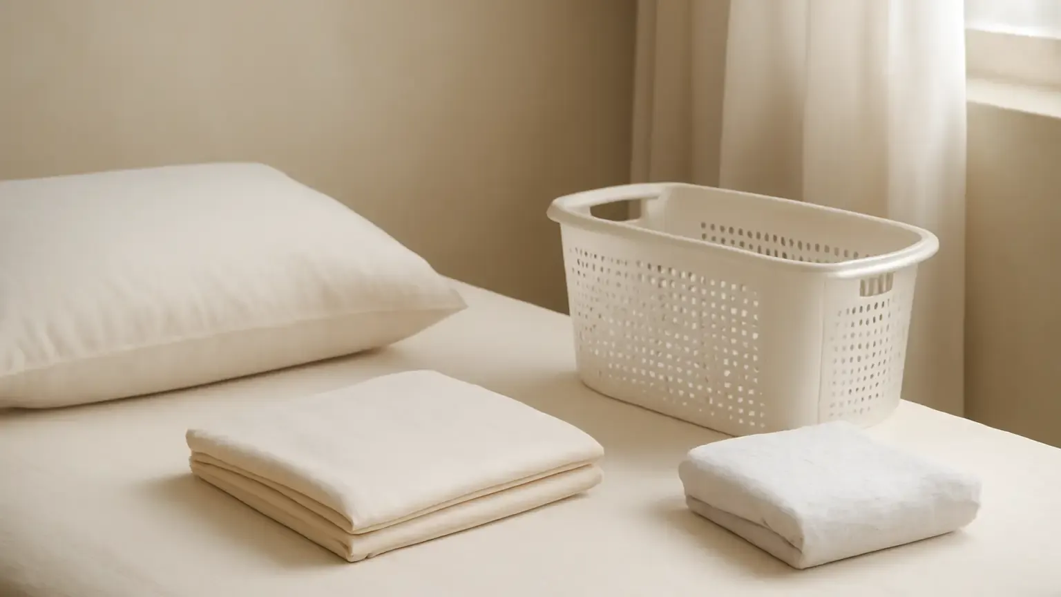 Fresh cotton pillowcase and clean spare bedding in an Indian bedroom