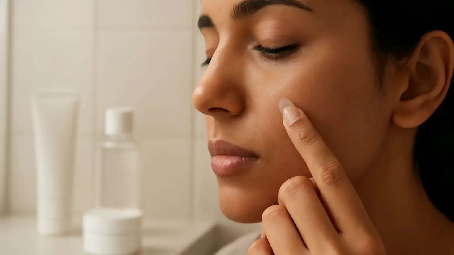 Applying a translucent pimple patch to clean, dry cheek skin