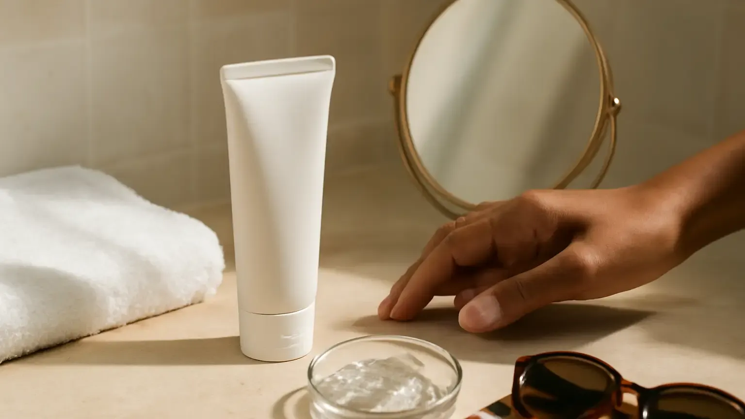Unbranded lightweight sunscreen and makeup tools arranged in an Indian beauty setting