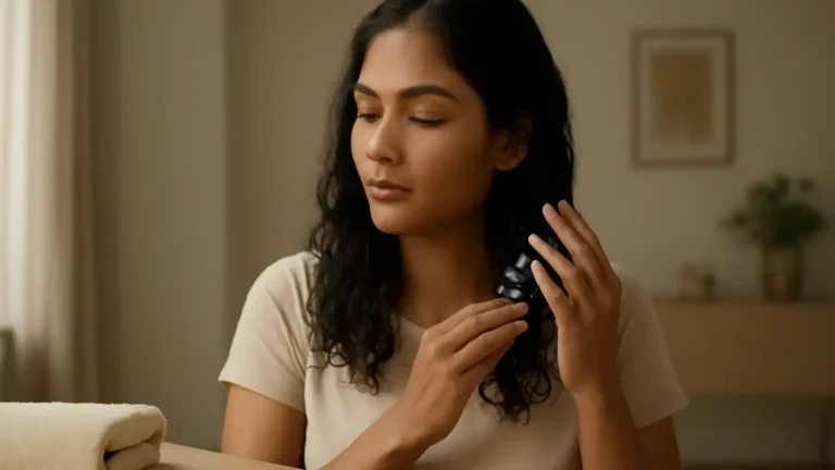 Indian woman gently smoothing leave-in conditioner through damp hair in autumn light
