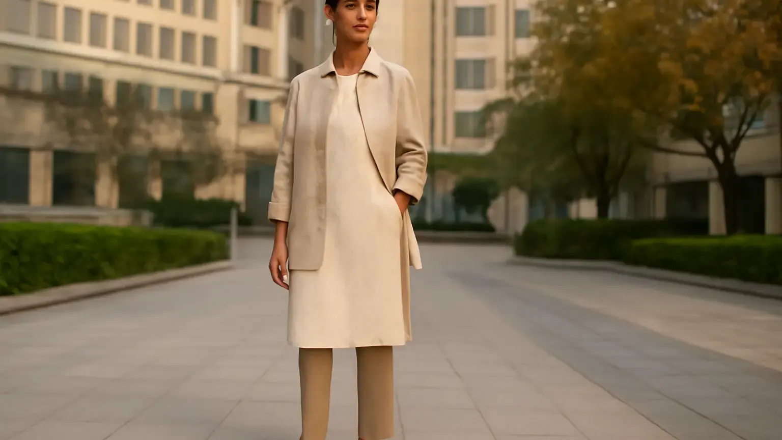 Indian woman wearing a breathable kurta-and-trouser outfit with a lightweight layer and practical flats