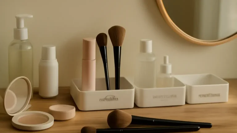 Sorted makeup and skincare products on a tidy Indian dressing table