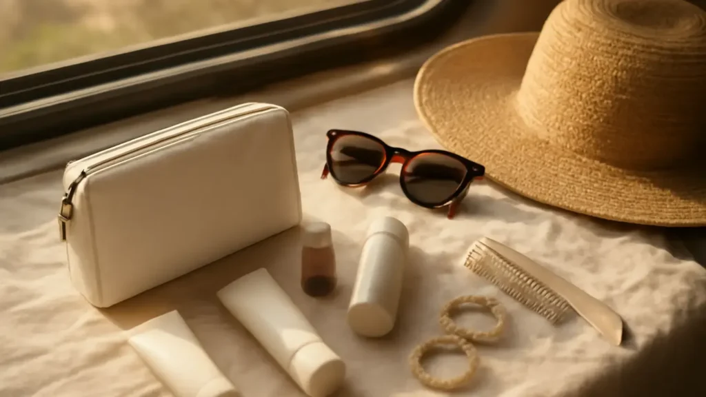 Compact travel beauty kit with sunscreen, haircare essentials and a hat for an Indian summer trip