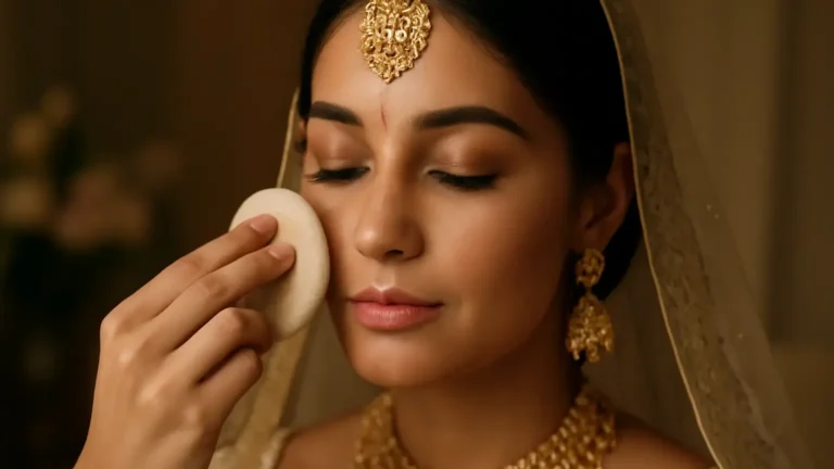 Indian bride with a balanced bridal makeup base and softly controlled T-zone