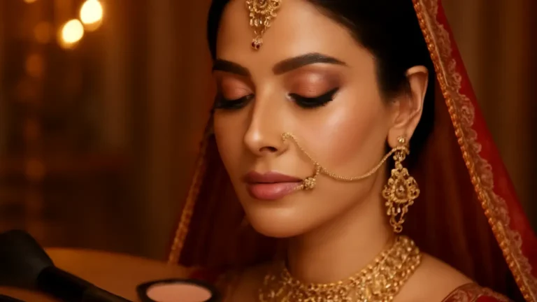 Indian bride with an even satin makeup base and softly luminous cheeks at a wedding