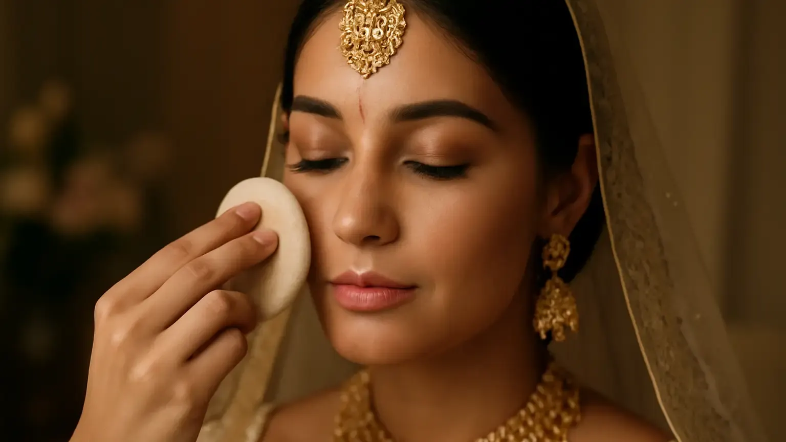 Indian bride with a balanced bridal makeup base and softly controlled T-zone