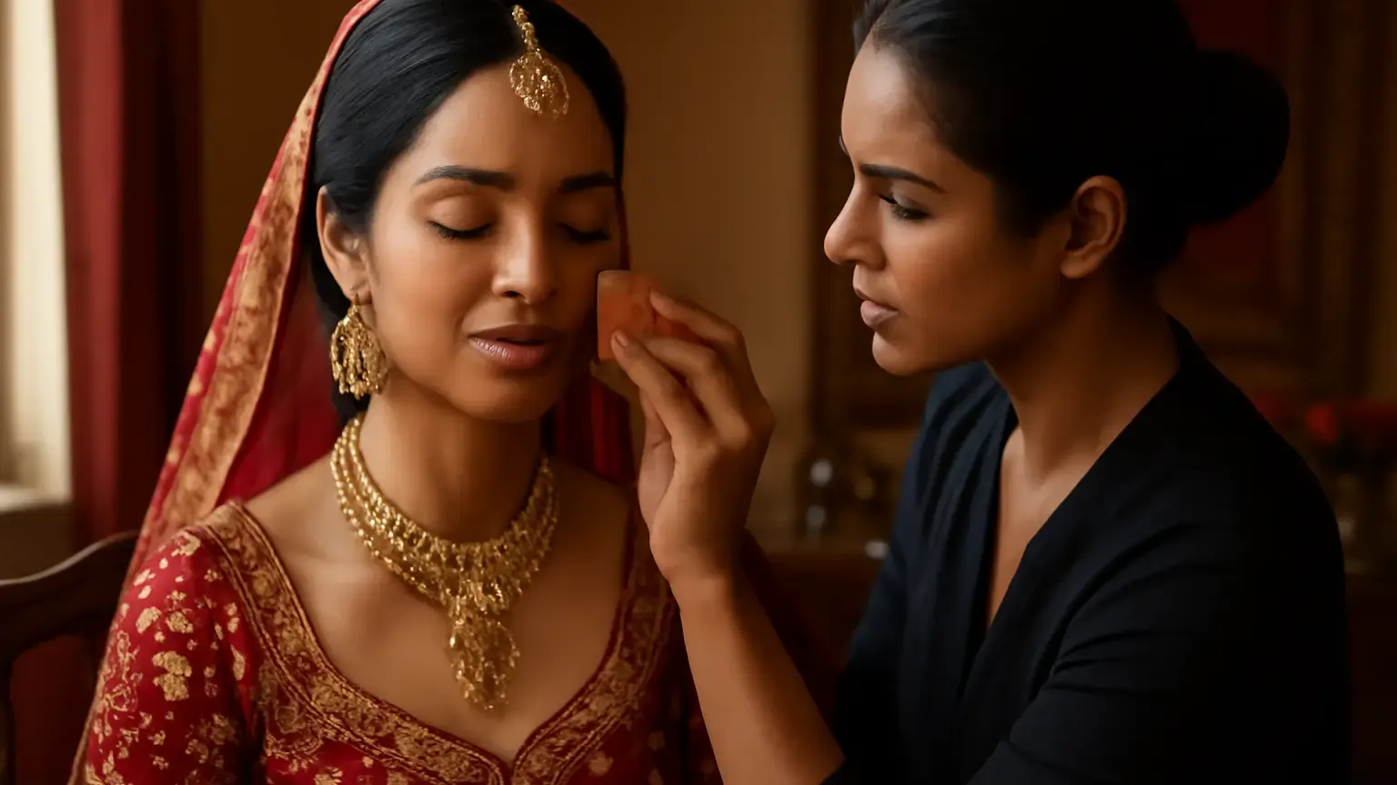 Indian bride receiving a softly radiant makeup base application for dry skin