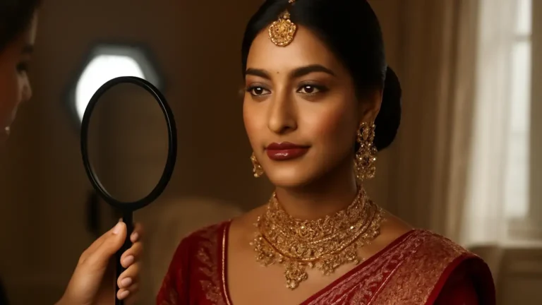 Indian bride with dusky skin wearing flash-tested warm bridal makeup and berry lips