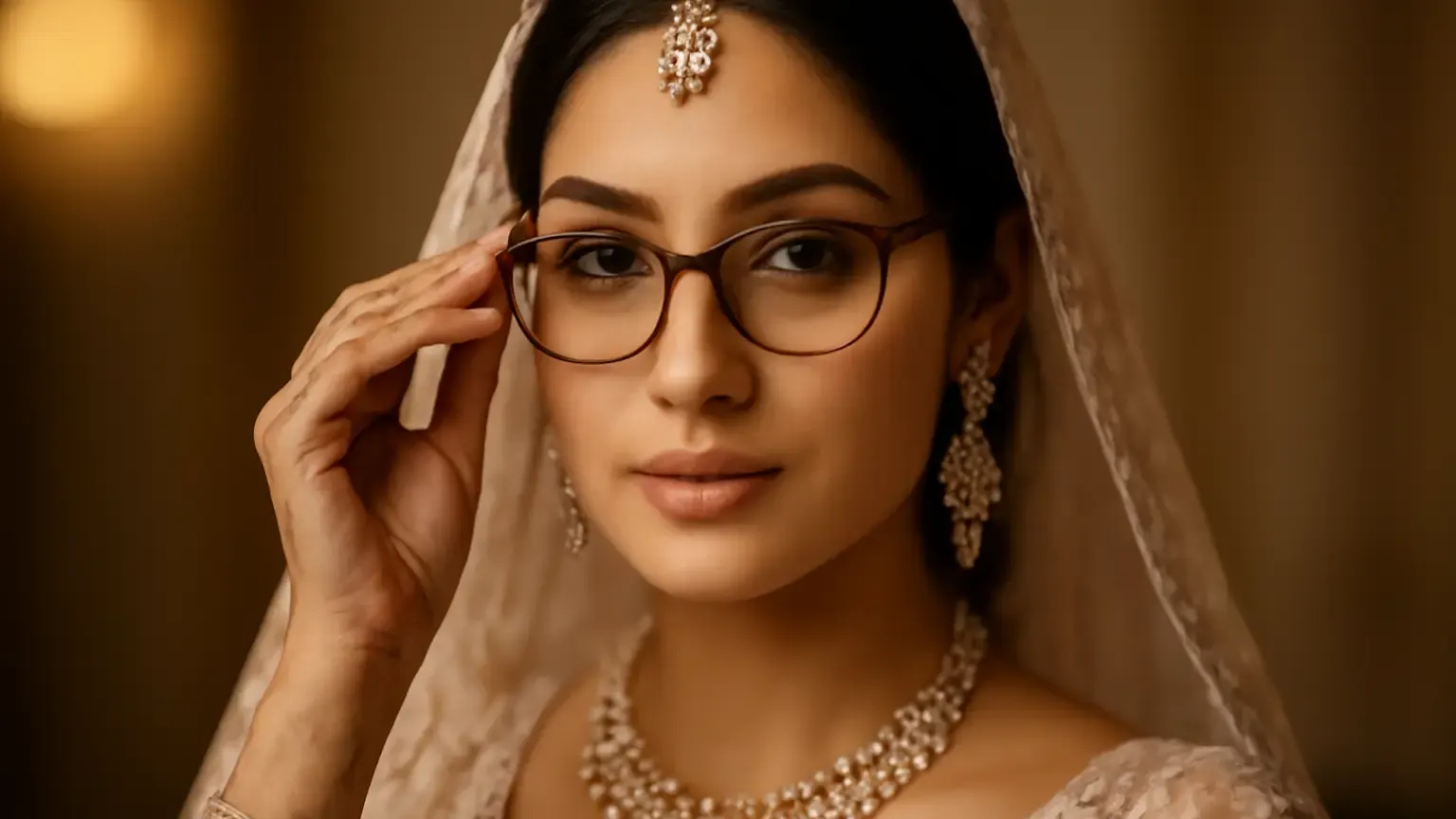 Indian bride wearing glasses with polished, photo-ready bridal makeup
