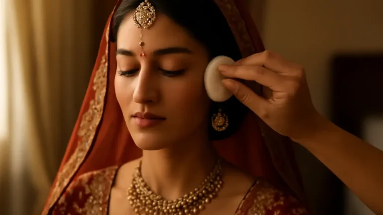Indian bride receiving soft-matte makeup preparation for a long wedding day