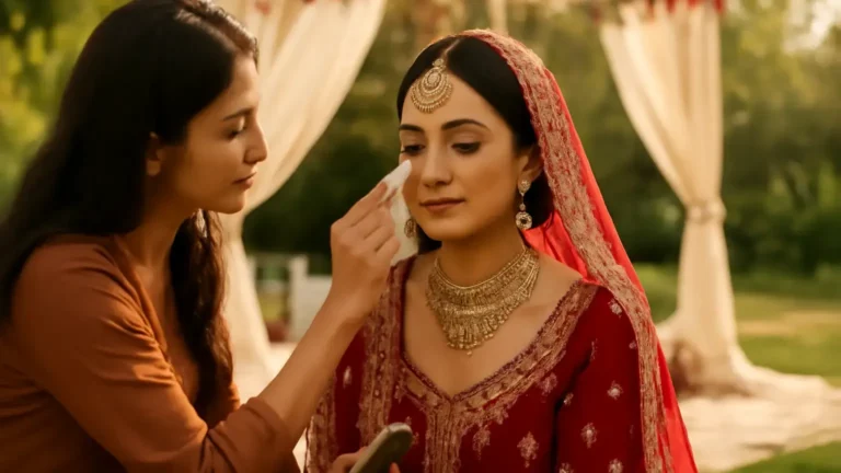 Indian bride receiving a makeup touch-up beside an outdoor wedding mandap in daylight