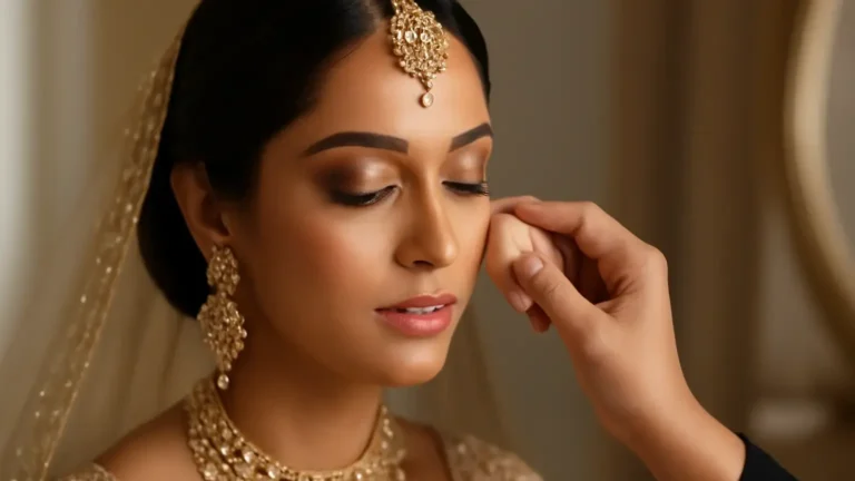 Indian bride receiving hydrating winter wedding makeup at a softly lit vanity