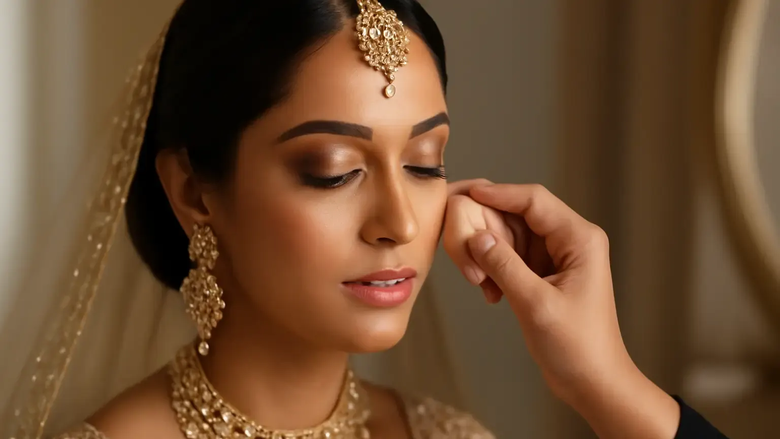 Indian bride receiving hydrating winter wedding makeup at a softly lit vanity