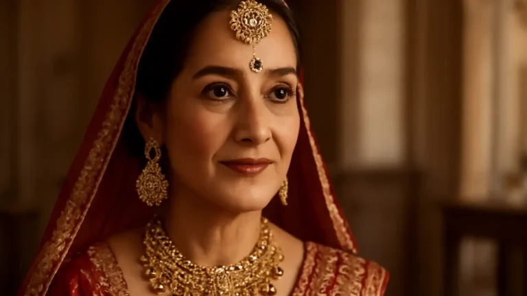 Mature Indian bride wearing natural satin bridal makeup with realistic skin texture