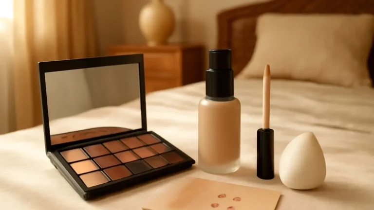 Foundation and concealer arranged with makeup tools for comparing complexion coverage