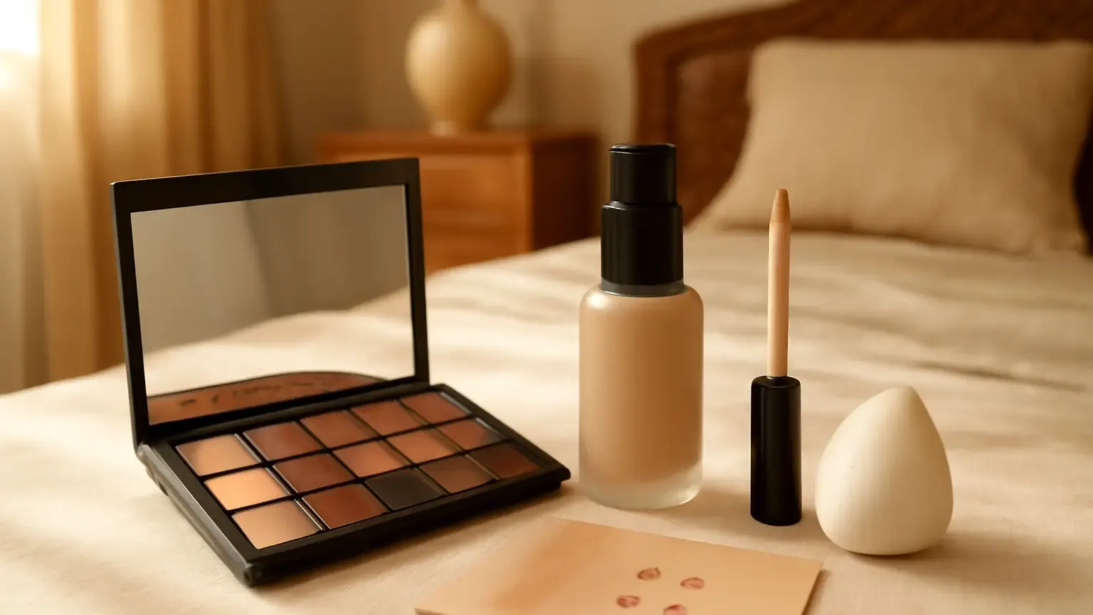 Foundation and concealer arranged with makeup tools for comparing complexion coverage