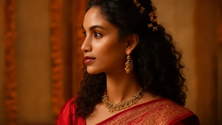 Indian woman with defined curls in a festive half-up hairstyle with floral accessories