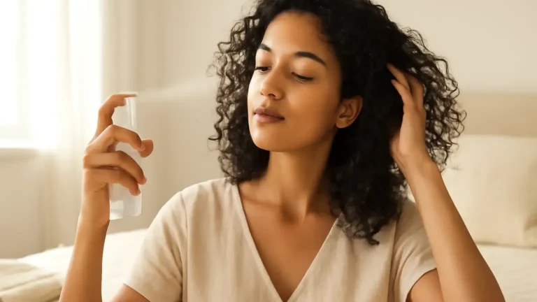 Indian woman gently refreshing curly hair with water between wash days