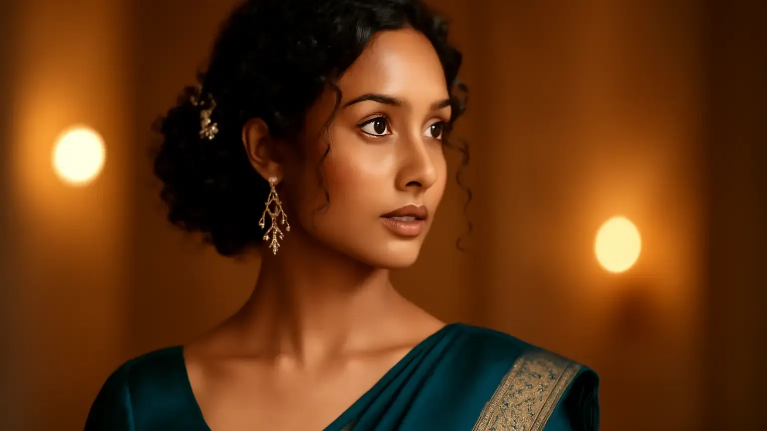 Indian woman wearing a defined low curly bun with soft tendrils for a festive celebration