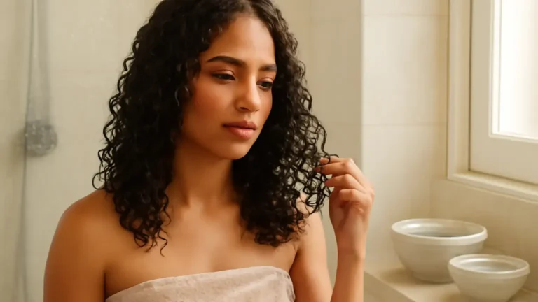 Indian woman with defined curls following a wash-day routine with a microfibre towel and unbranded hair products.