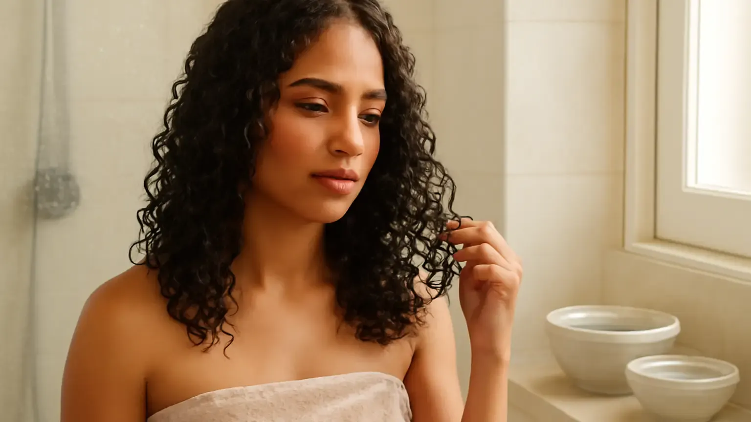 Indian woman with defined curls following a wash-day routine with a microfibre towel and unbranded hair products.