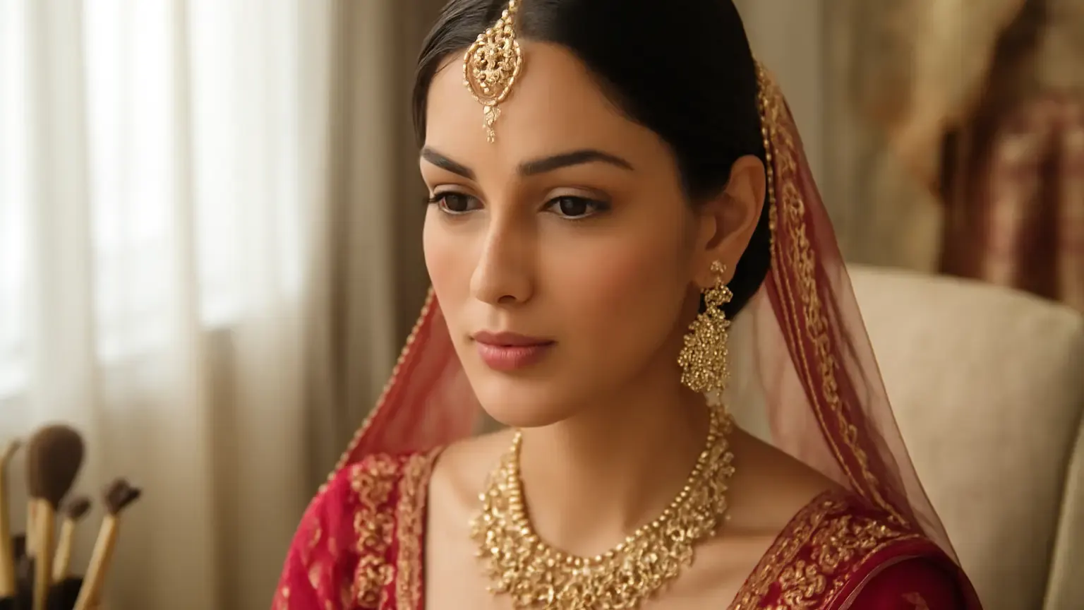 Indian bride wearing fresh, softly defined daytime bridal makeup near a bright window