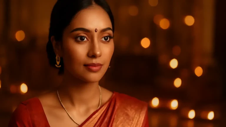 Indian woman wearing a soft luminous Diwali makeup look with bronze eyes and warm cheeks