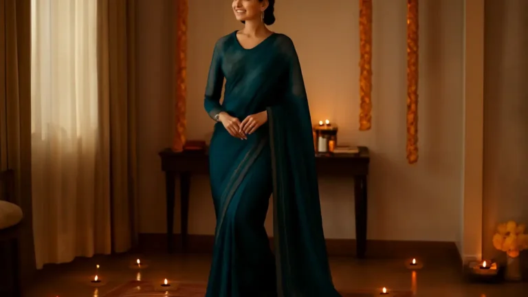 Indian woman in a comfortable festive Diwali outfit beside glowing diyas