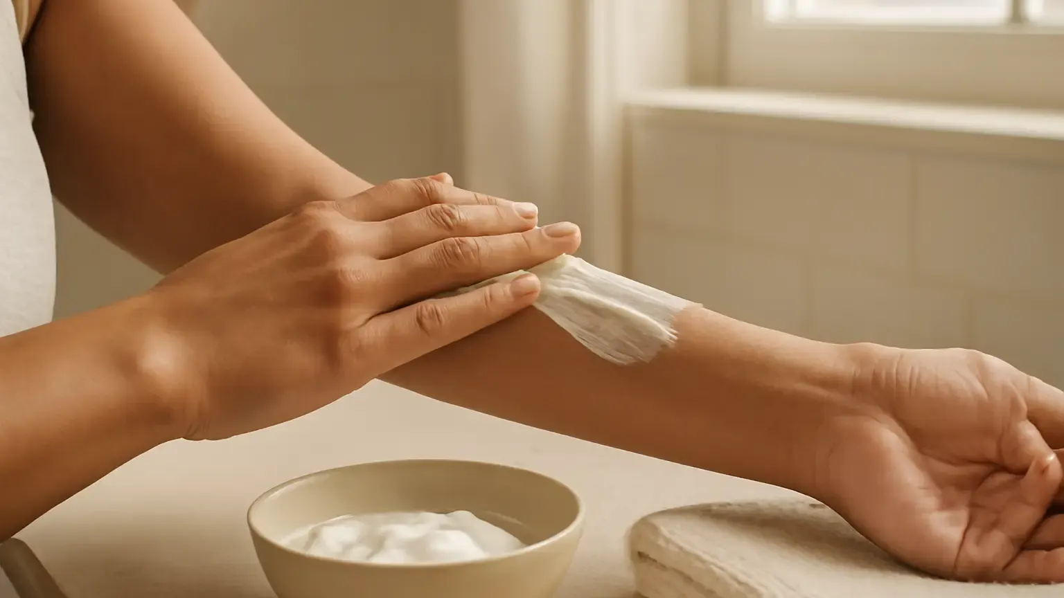 Woman applying moisturiser to dry body skin after gentle exfoliation