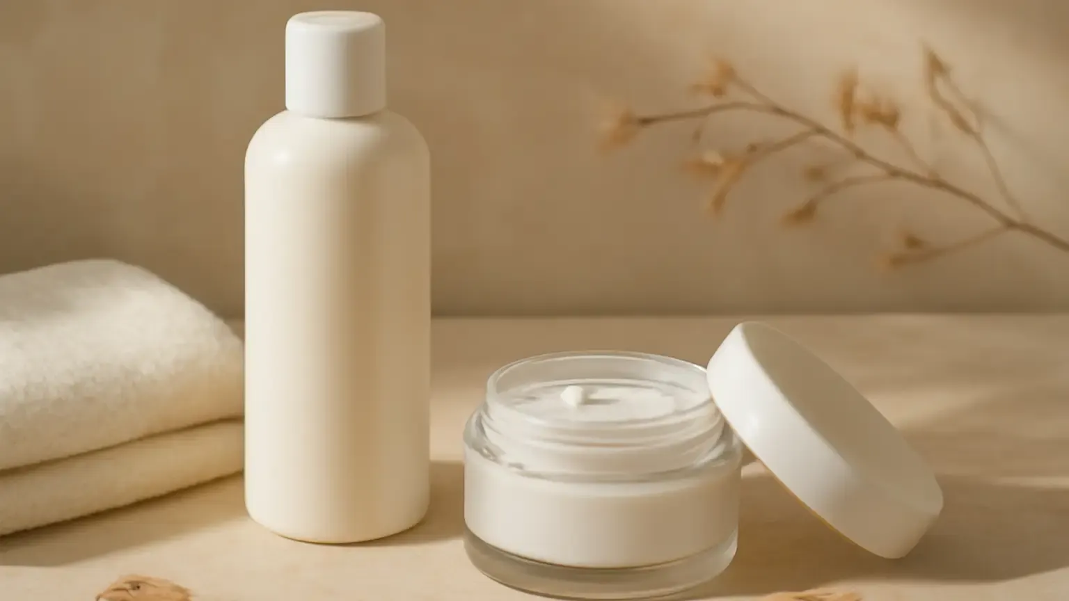 Unbranded body lotion and cream beside a folded towel in a softly lit bathroom