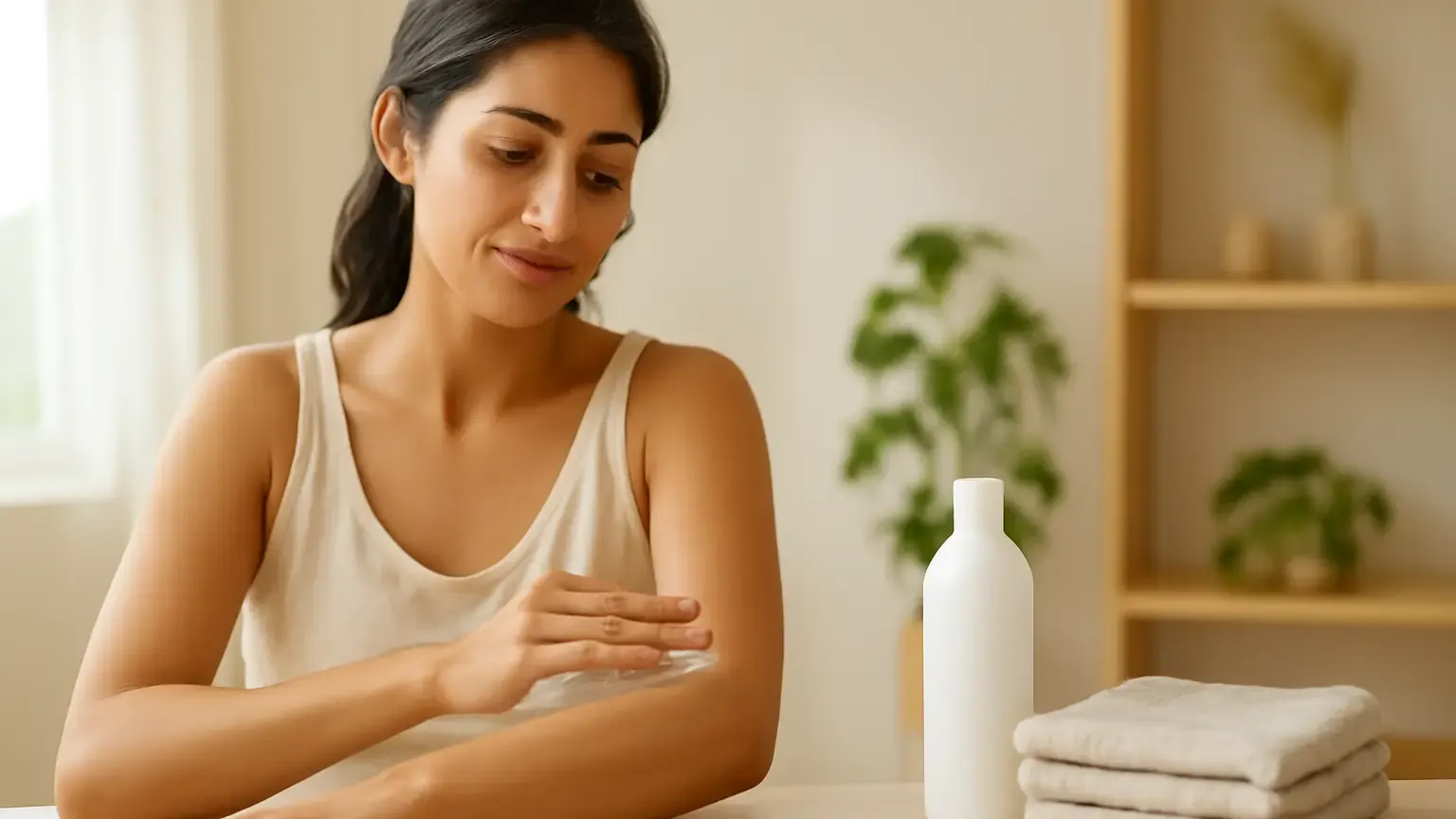 Woman applying body sunscreen lotion to dry skin on her forearm