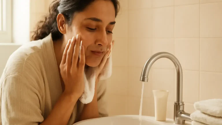 Woman gently cleansing dry skin with a mild unbranded face cleanser in an Indian bathroom.