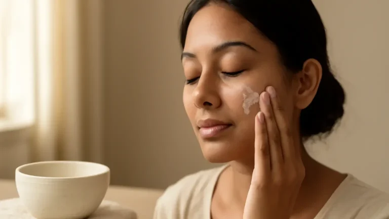 Indian woman gently applying moisturiser to dry facial skin in a softly lit home setting