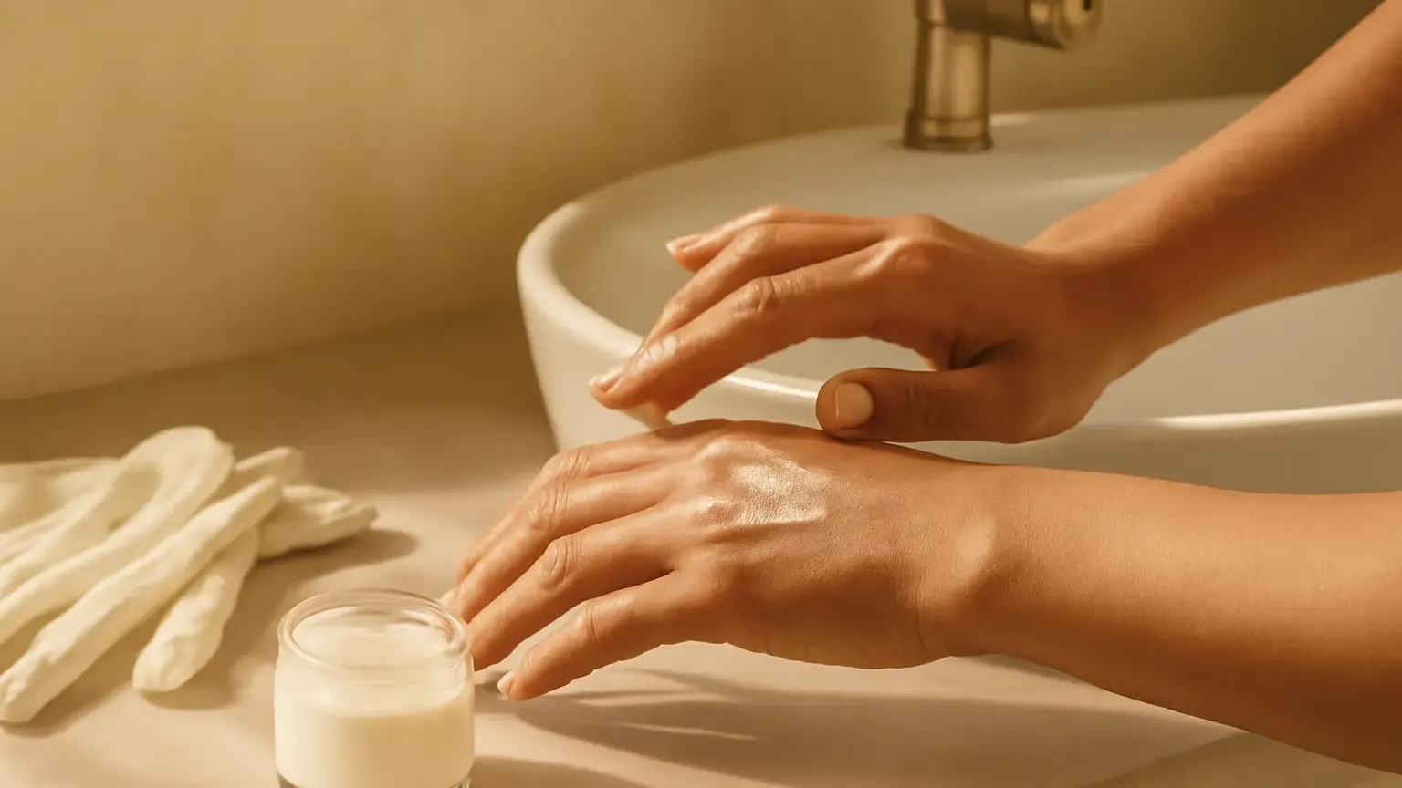 Hands applying moisturising cream beside a sink with cotton gloves nearby
