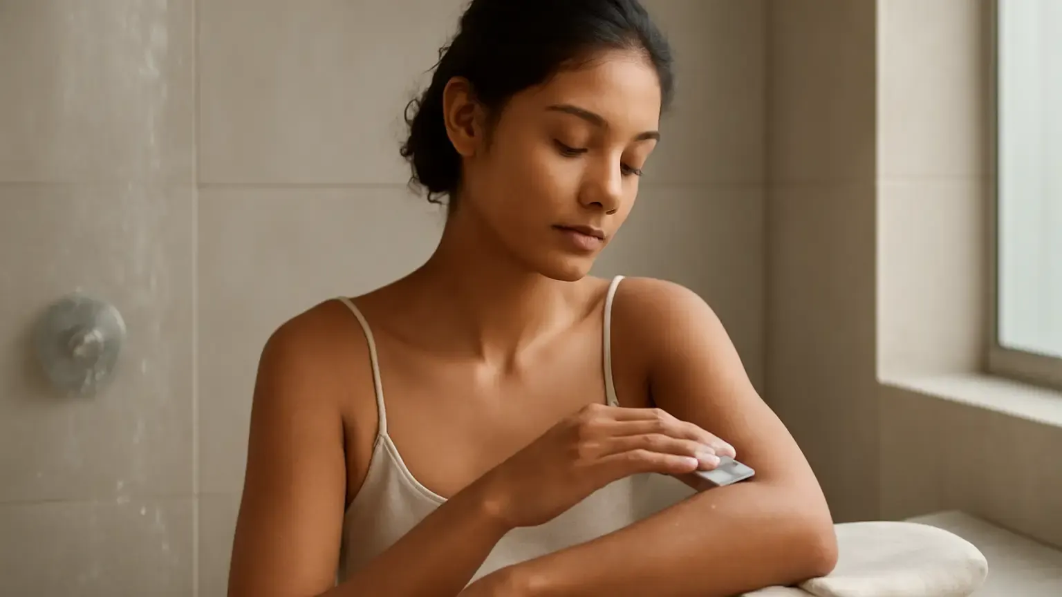 Woman applying moisturiser to damp skin after a shower in an Indian bathroom