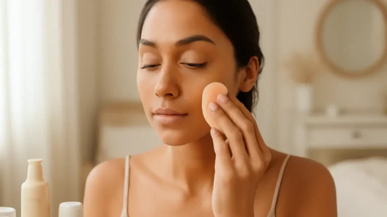Woman applying foundation over moisturised dry skin with a makeup sponge