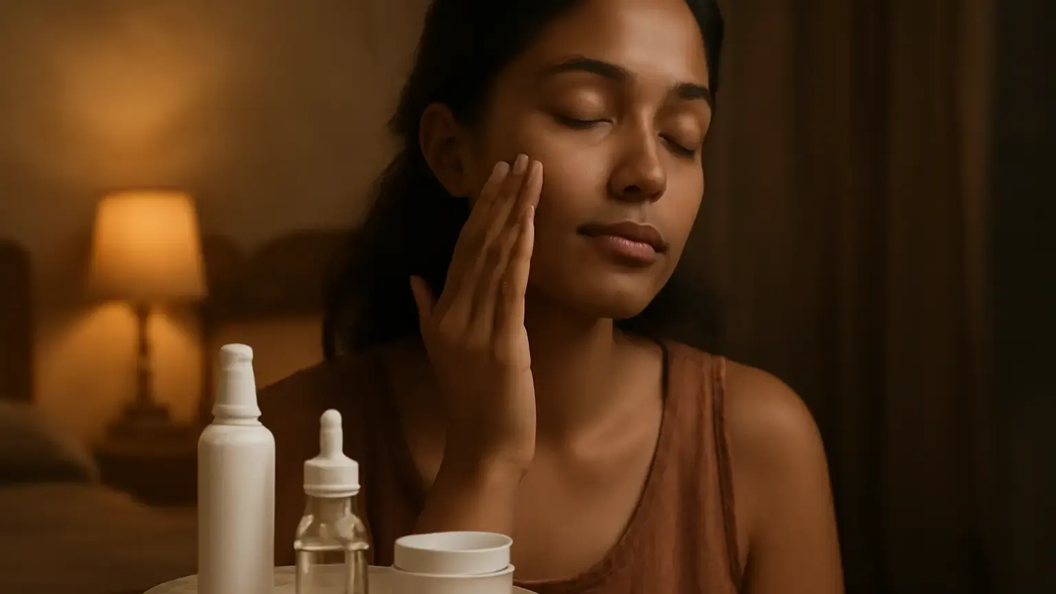 Indian woman applying moisturiser during a simple dry skin night routine