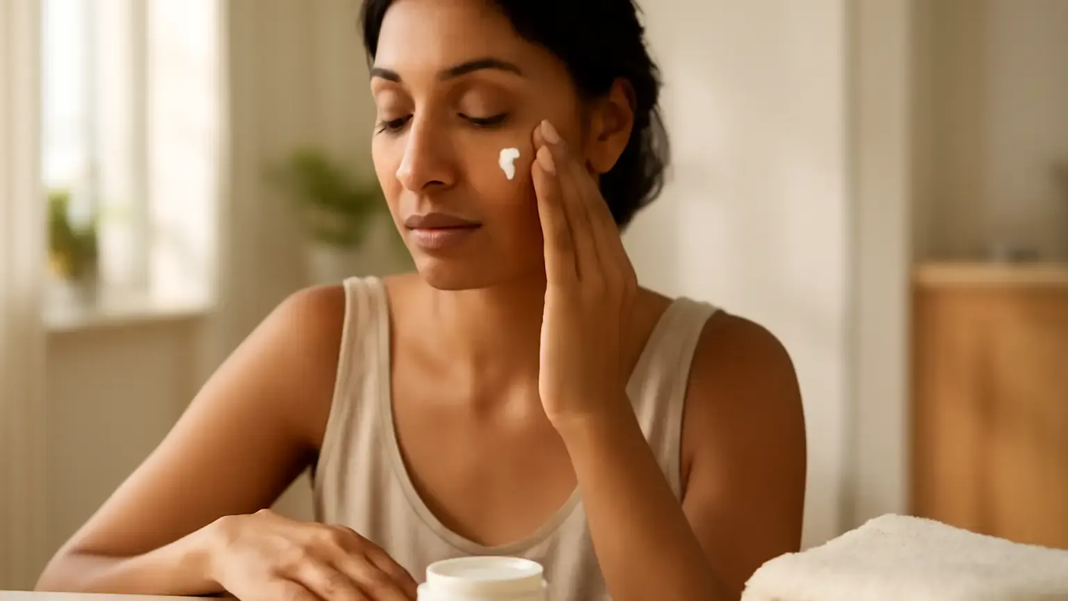 Person applying creamy sunscreen during a moisturising skincare routine