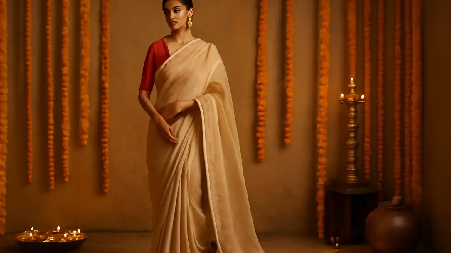 Woman in a lightweight festive saree styled for a Dussehra celebration