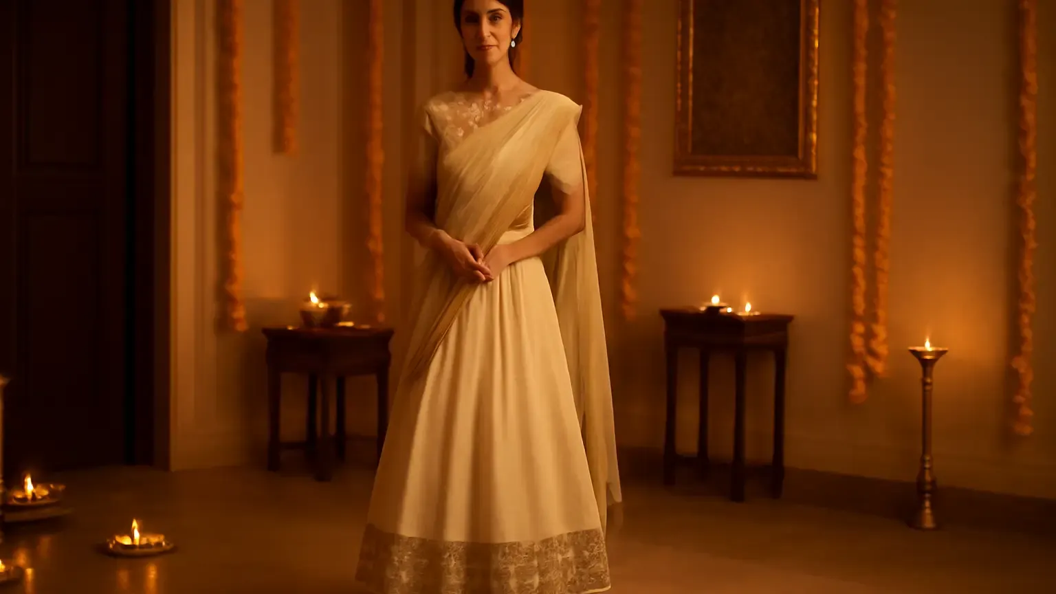 Petite Indian woman in a proportion-balanced festive outfit with a neat drape, moderate jewellery and block heels.