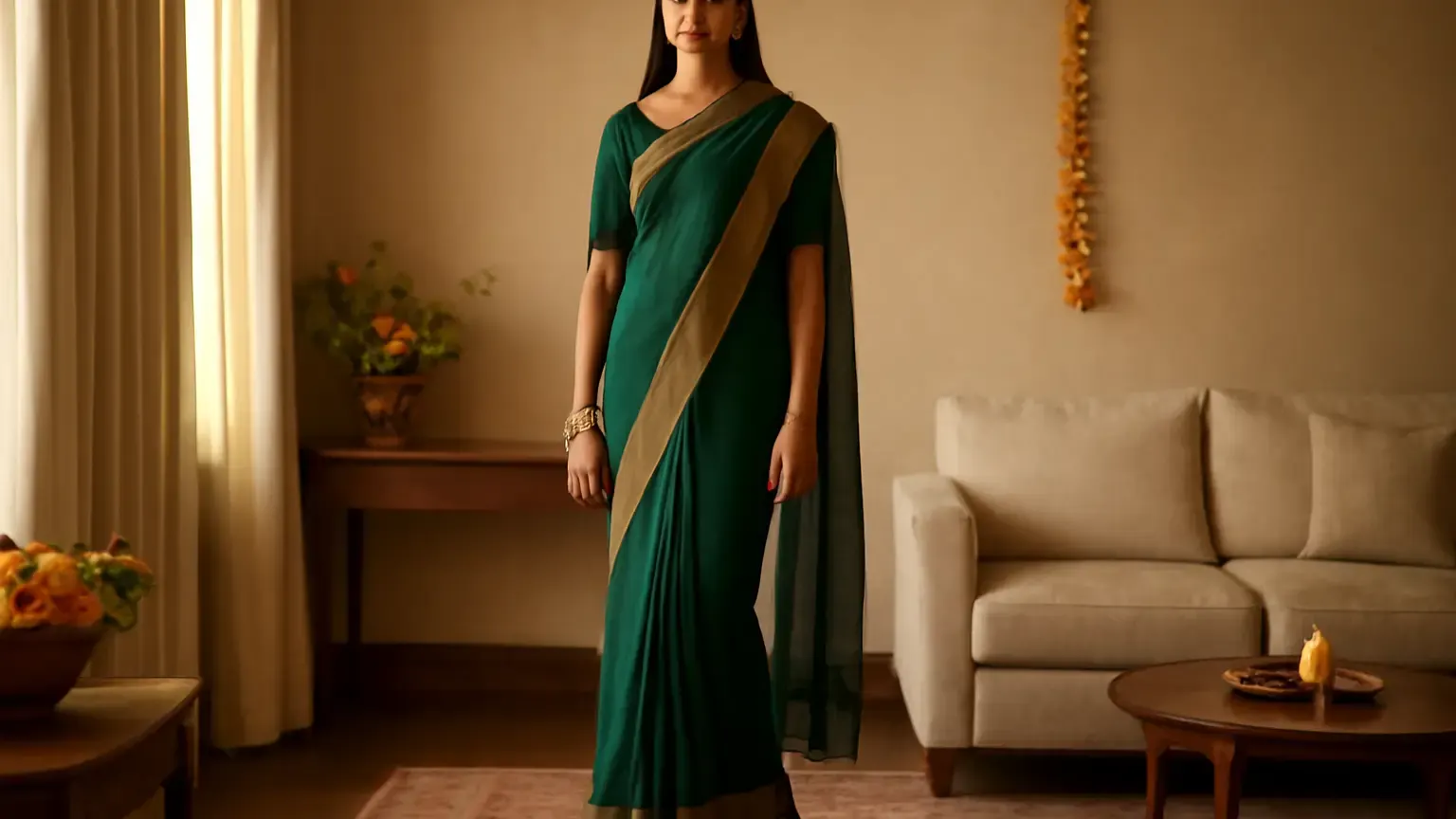 Tall Indian woman in a bordered saree styled for a festive gathering